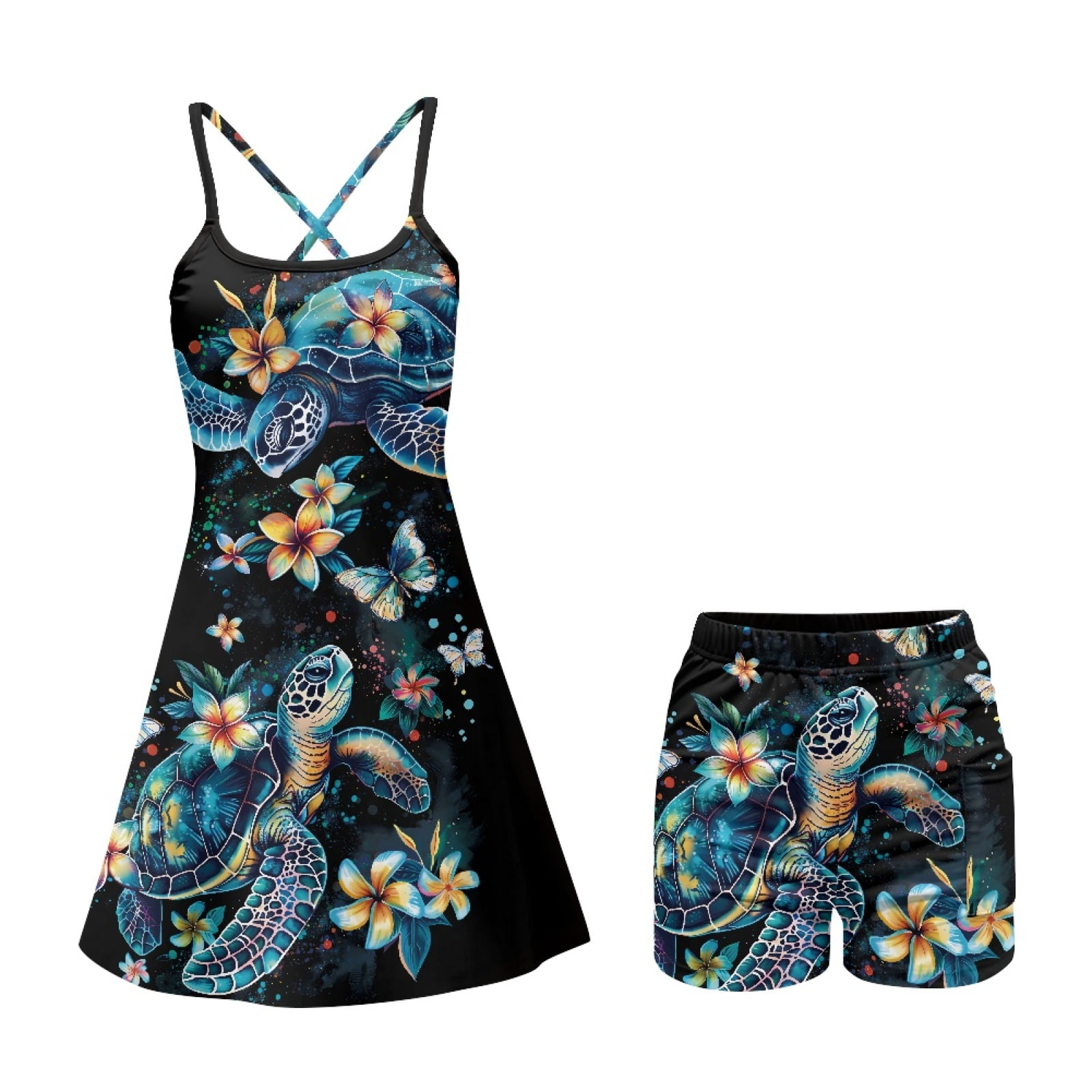 Yuyamidu Boho Sea Turtle Womens Tennis Dress Built in Shorts Hibiscus Spaghetti Straps Exercise Workout Dress with Pocket Slim Fit Golf Athletic Dresses Size XS