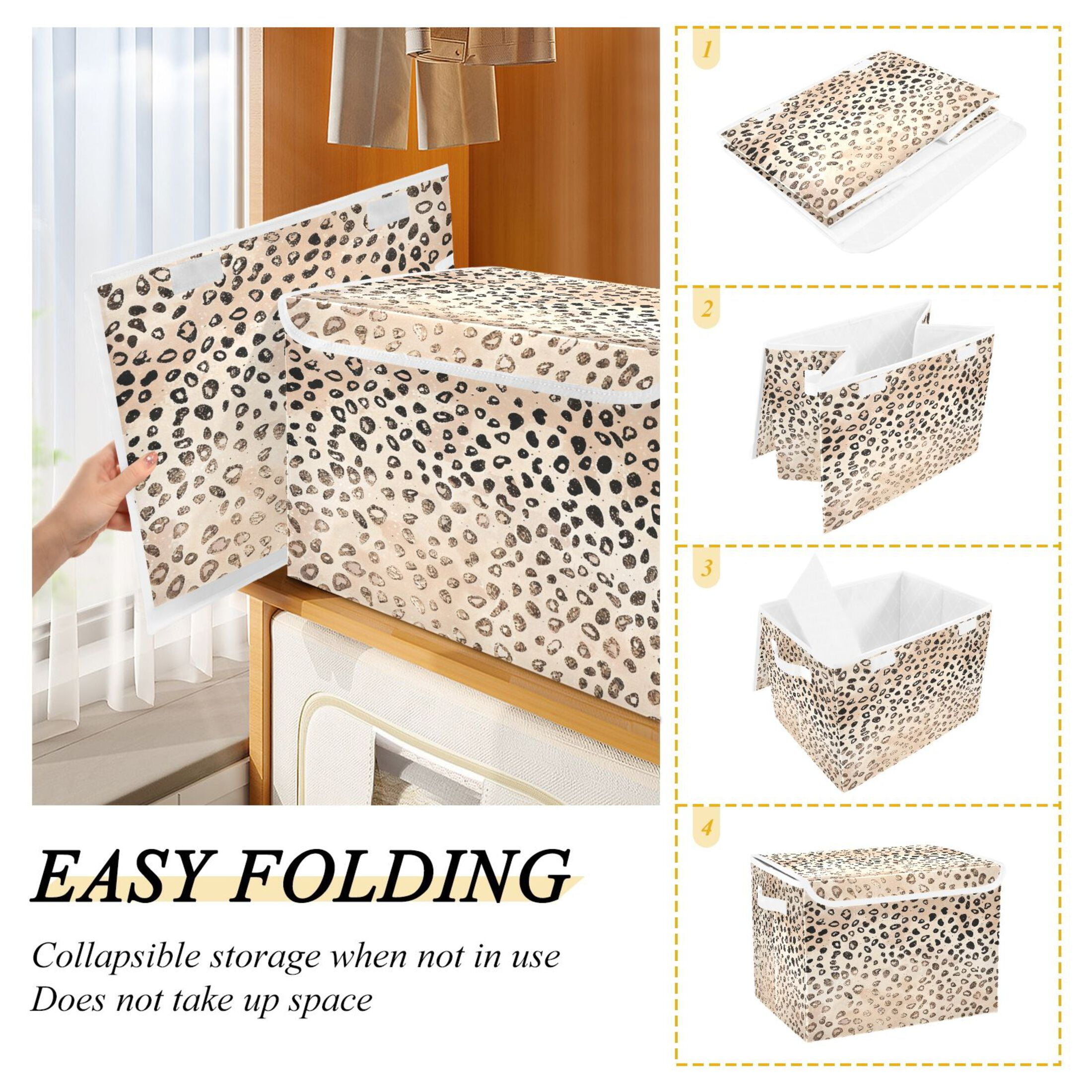 Ryvnso Plain Cheetah Glitter Print Large Lidded Foldable Storage Baskets Cubes Boxes Lids Bin for Home