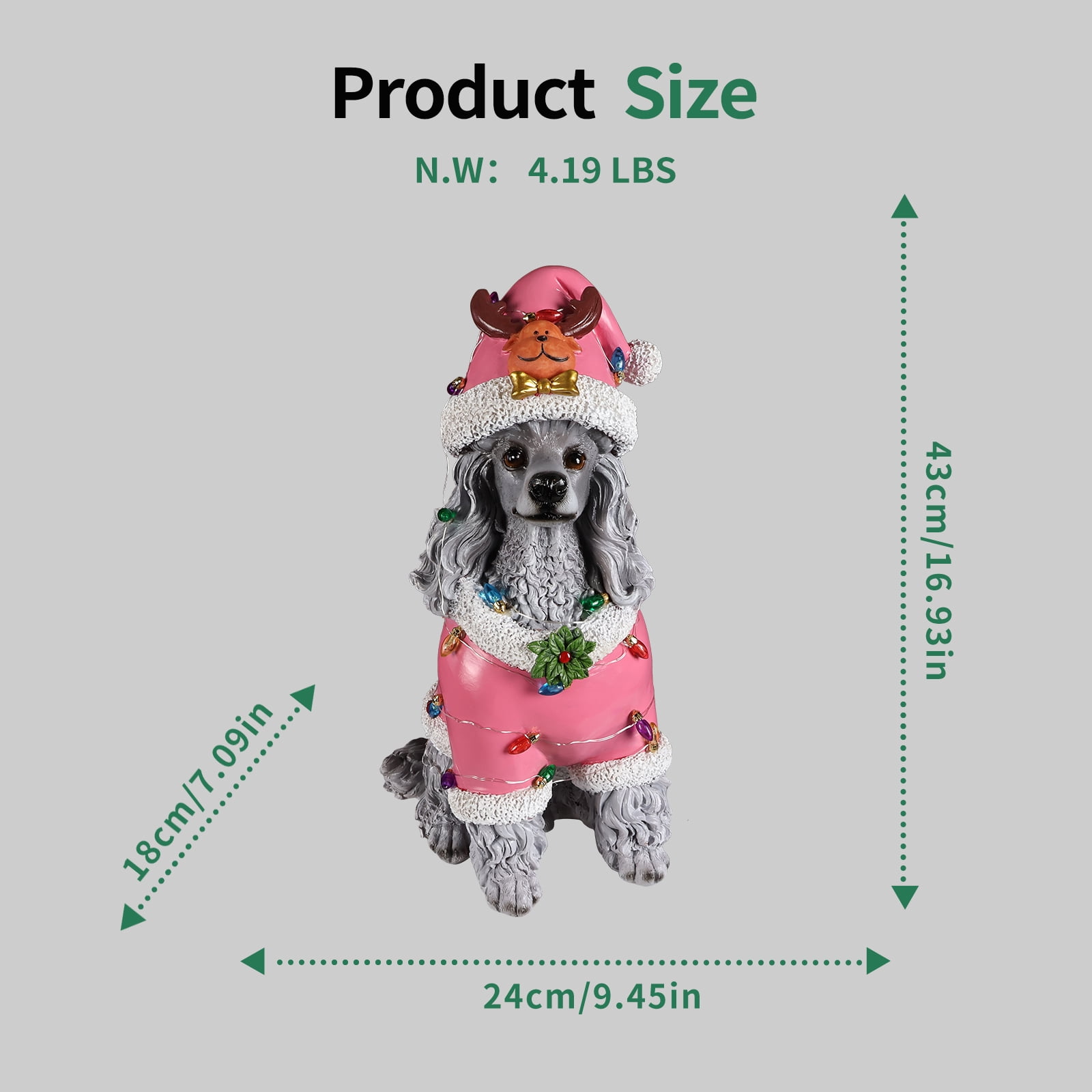 Poodle Pink Santa Outfit Christmas Dog Statue with Santa Hat Holiday Tabletop Decor