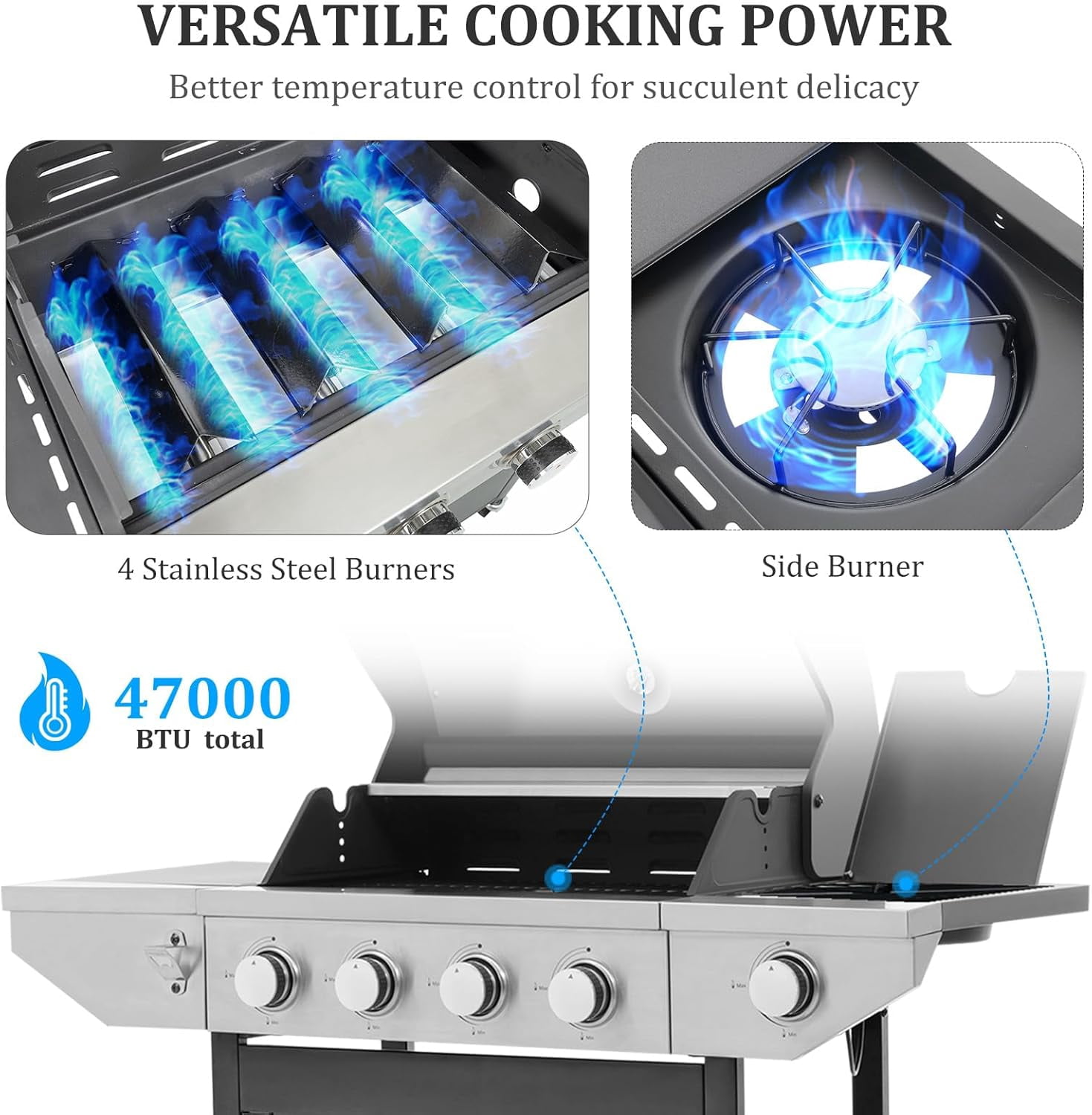 4 Burner Barbecue Grill, Stainless Steel Propane Gas Grill with Side Burner and Thermometer for Outdoor BBQ, Camping, 4 Wheels