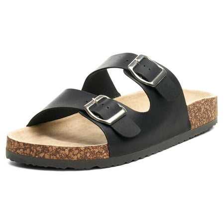 Alpine Swiss Womens Double Strap Contour Sandals Slip on Buckle Slides Vegan Leather Footbed Sandal Ergonomic Cork-Inspired Sole Summer Footwear