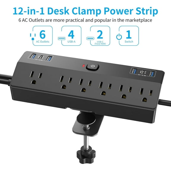 Desk Clamp Power Strip with 40W Fast Charging, 6 AC Outlets, 2 USB-C Ports, 10ft Cord, Fits 1.8" Tabletop