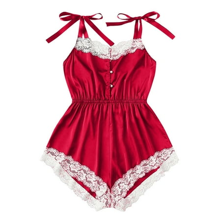 

Lingerie Set For Women Fashion Jumpsuit Satin Silk Underwear Teddy Babydoll Bodysuit Red L
