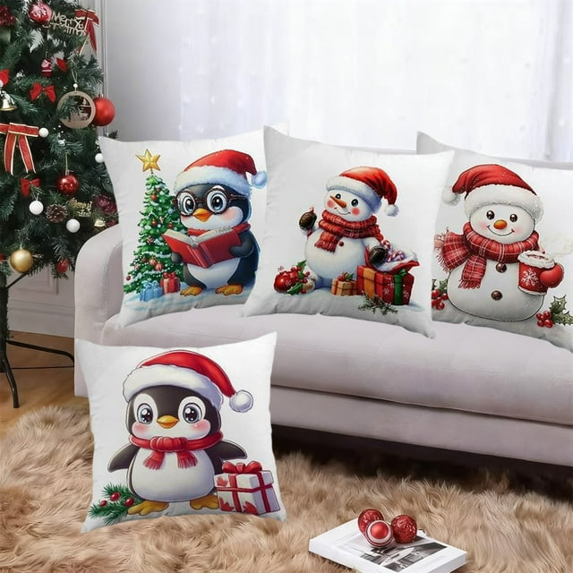 Juego de Cojines Navideños para Decoración Festiva | 4 Cojines Decorativos de Lino Multicolor de 45 X 45 Cm | Diseño de Pingüino y Muñeco de Nieve para Sala de Estar y Dormitorio
