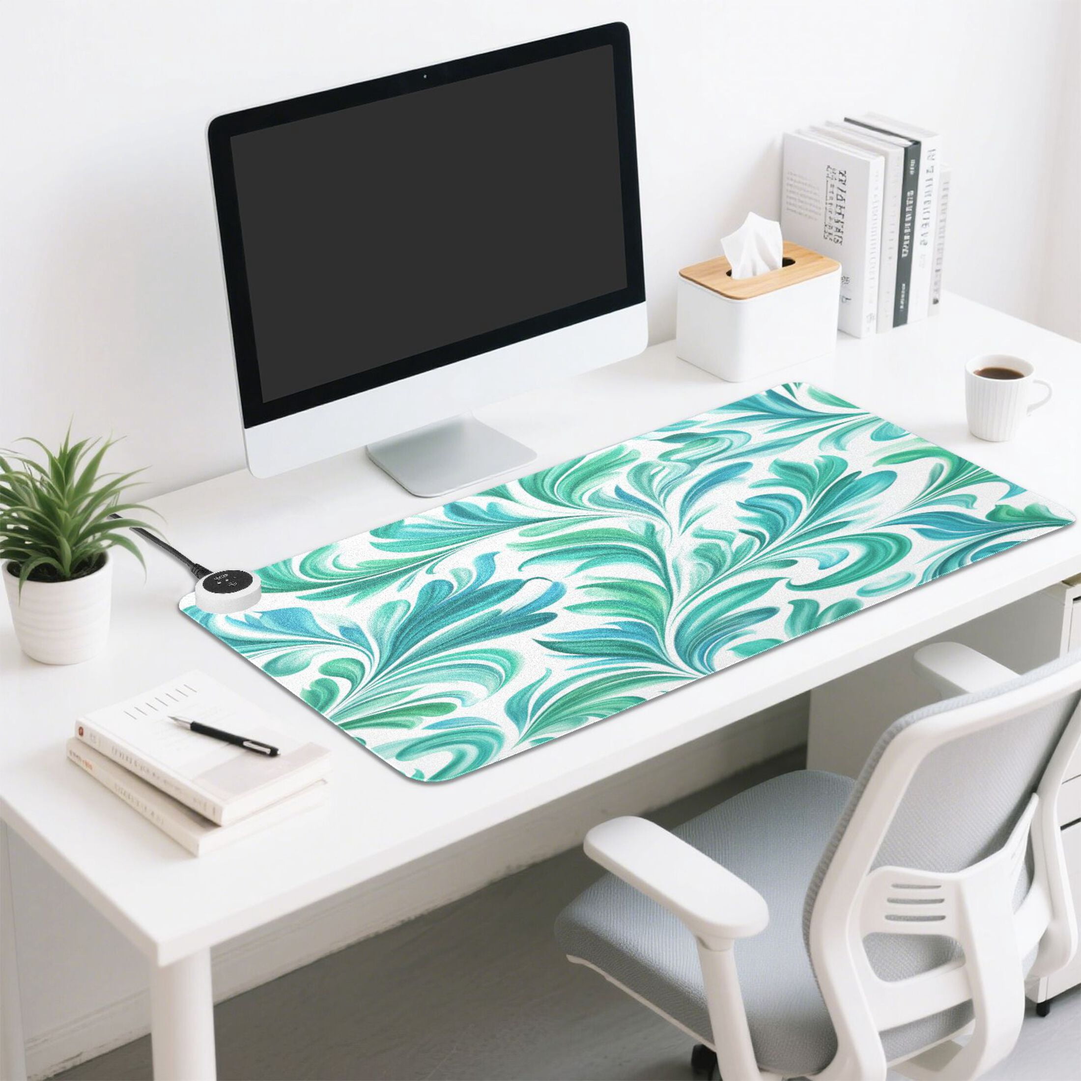 Large Heated Desk Mat Mouse Pad 31.5"x13"PU Leather Graphene Heating Desk Warmer with 3 Temperature Settings 110V US Plug Non-Slip Warm Pad for Home, Office, and Gaming Teal Swirl Damask Pattern