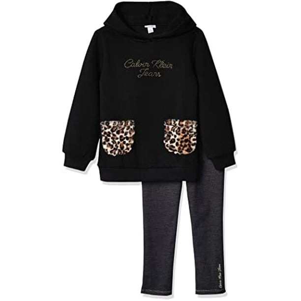Calvin Klein Girls 2 Pieces Leggings Set, Black Animal Print Dark wash  Denim, 4T 