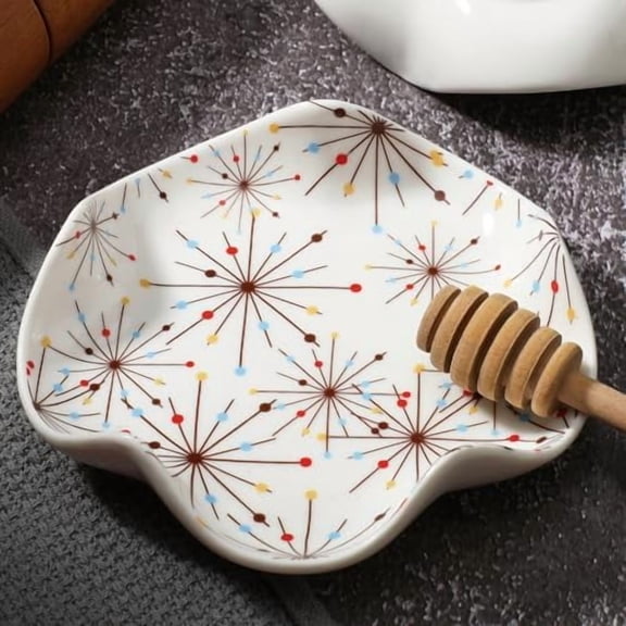 Mid Century Spoon Rest for Kitchen Counter Cute Ceramic Cooking Spoon Holder for Stove Top Atomic Utensil Spatula Rest Tray Housewarming Kitchen Gift, 5.2 Inch