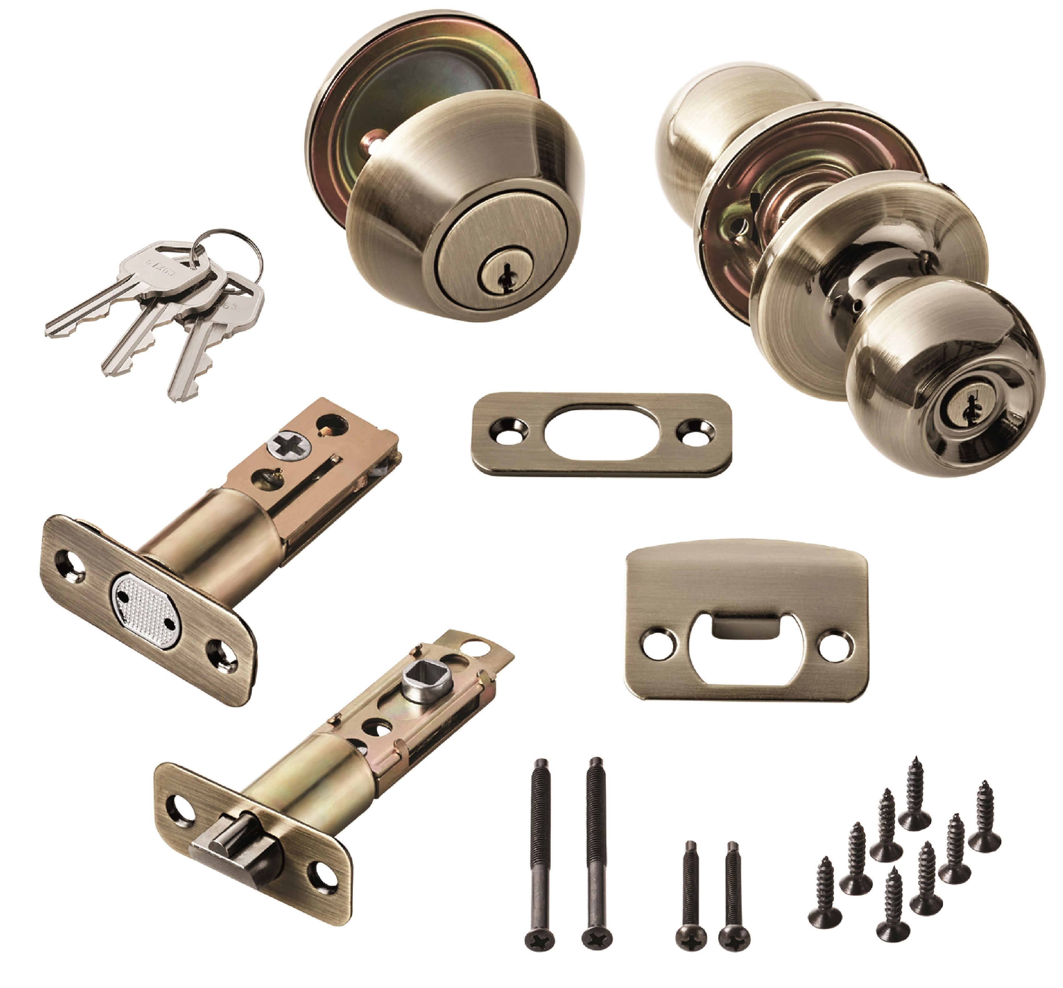 Keyed Entry Ball Doorknob Lock and Single Cylinder Deadbolt Antique Brass Finish Combo Pack