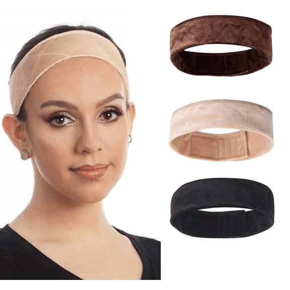 DF Women's Wig Grip Band, Adjustable Elastic Comfort Headband, Velvet Tan Color, 3Pieces