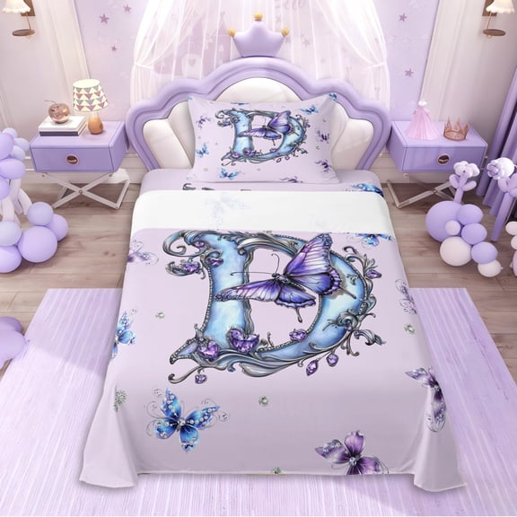 Erosebridal Letter D Monogrammed Vintage Flowers Twin Sheet Sets 3pcs For Kids Girls,Teens Princess Elegant Flying Butterflies Bedding,Luxury Bedroom Decor