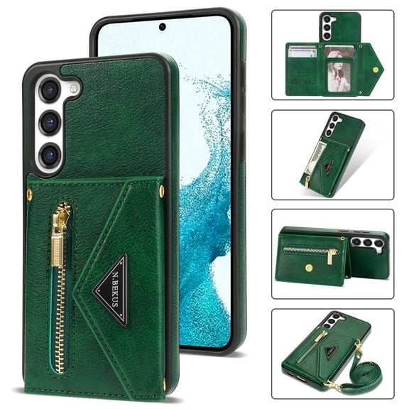 ELEHOLD Luxury Leather Wallet Case for Samsung Galaxy S23,with Card Slots Zipper Pocket Kickstand Function Adjustable Crossbody Shoulder Strap Shockproof Purse Phone Case,Green