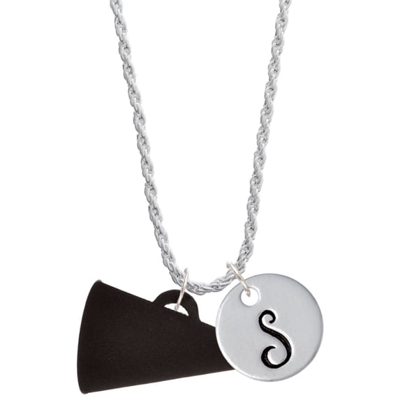 Delight Jewelry Acrylic 1.25" Black Megaphone Silvertone Script Initial Disc - S - Charm Necklace, 20"+3"