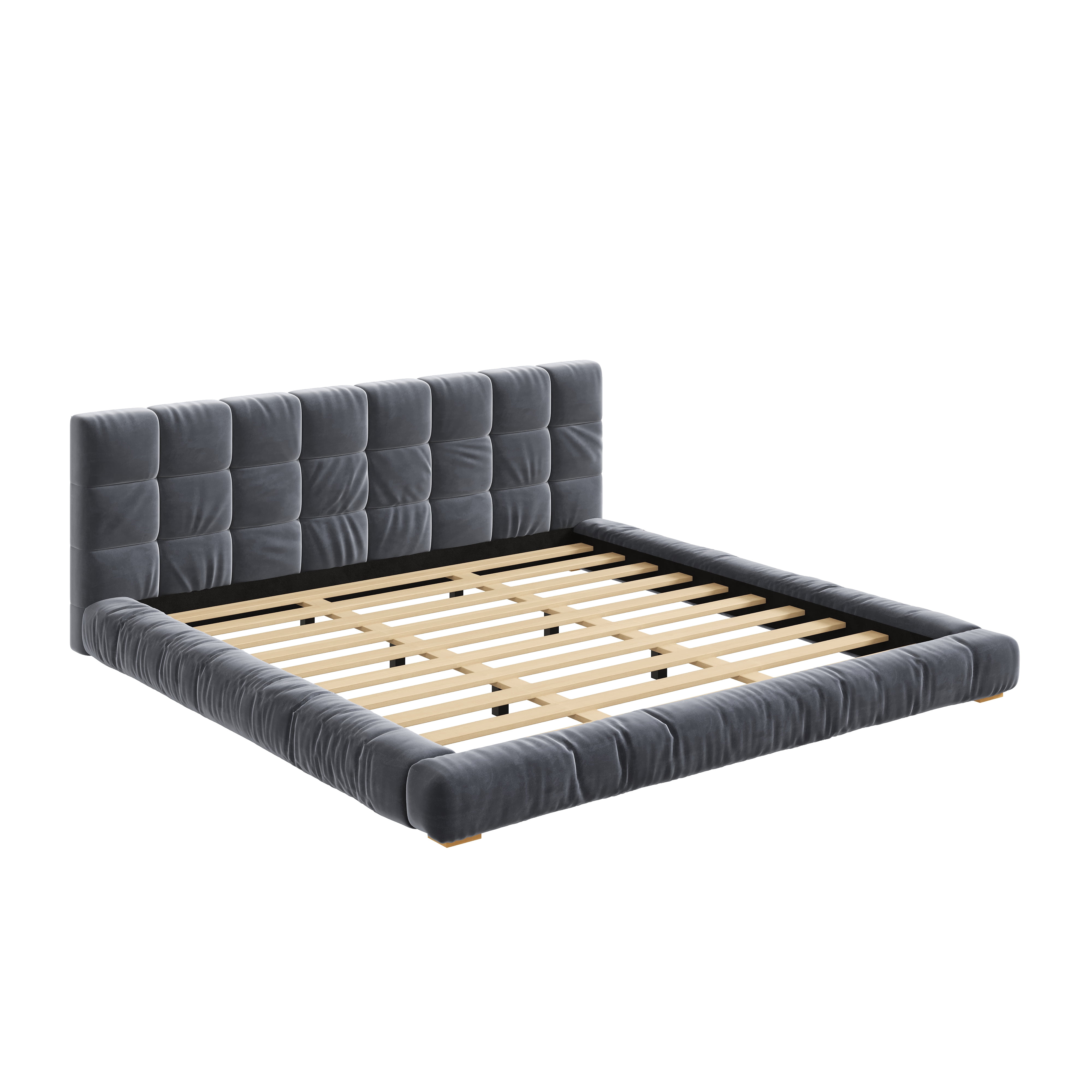 Euroco Velvet Upholstery King Size Platform Bed with Channel Tufted Headboard, Gray