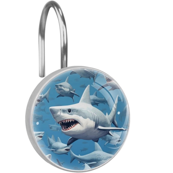 Shark Shower Curtain Hooks Set of 12 for Home Hotel Shower Rods Bathroom Crystal Glass Print Stainless Steel Round Curtain Hooks