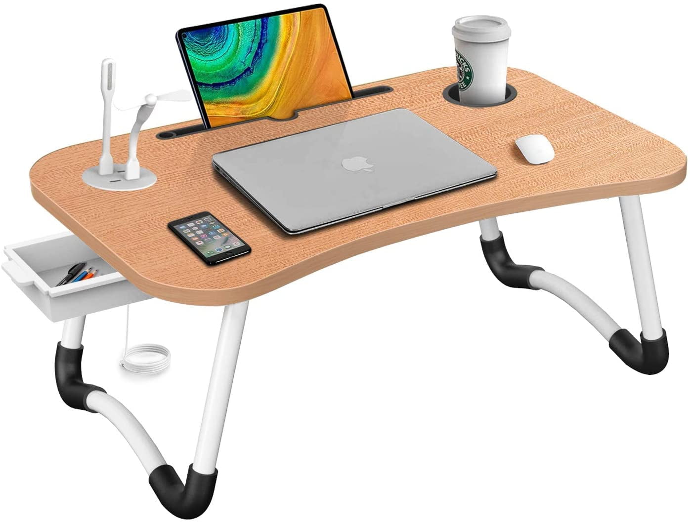 Hlhome Laptop Bed Desk Portable Foldable Tray Table With Usb Charge Port Cup Holder Storage Drawer For Couch Sofa Working Reading Beige Com Hlhome Laptop Bed Desk Portable, Portable Folding Desk Pc Laptop Bed Table