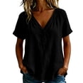 thumbnail image 2 of IUYRTFE Women's V-Neck Short Sleeve Cotton Linen Blouse Relaxed Fit Casual Summer Top with Button Detail, 2 of 8