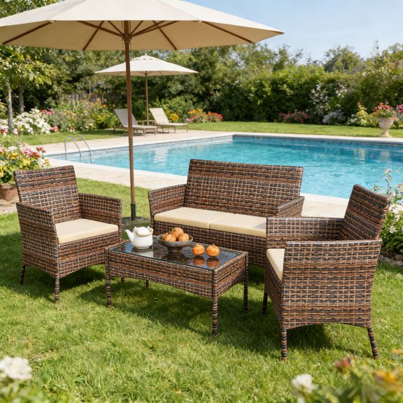 Ktaxon 3 Pcs Outdoor Rattan Patio Chat Set with Table Backyard Garden Furniture Brown With Cushions