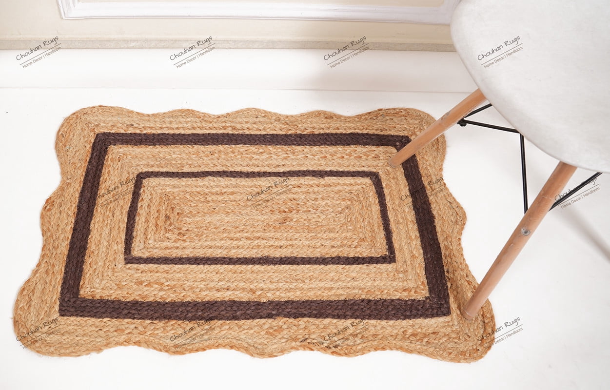Eco friendly Area Rug Natural Jute Hand Braided Brown Color Scalloped Pattern Rectangle Rug