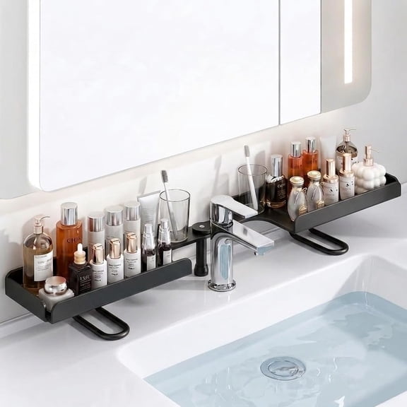 XAOUS Rotatable Bathroom Sink Organizer Shelf Hollow Drain Countertop Storage Black/Beige