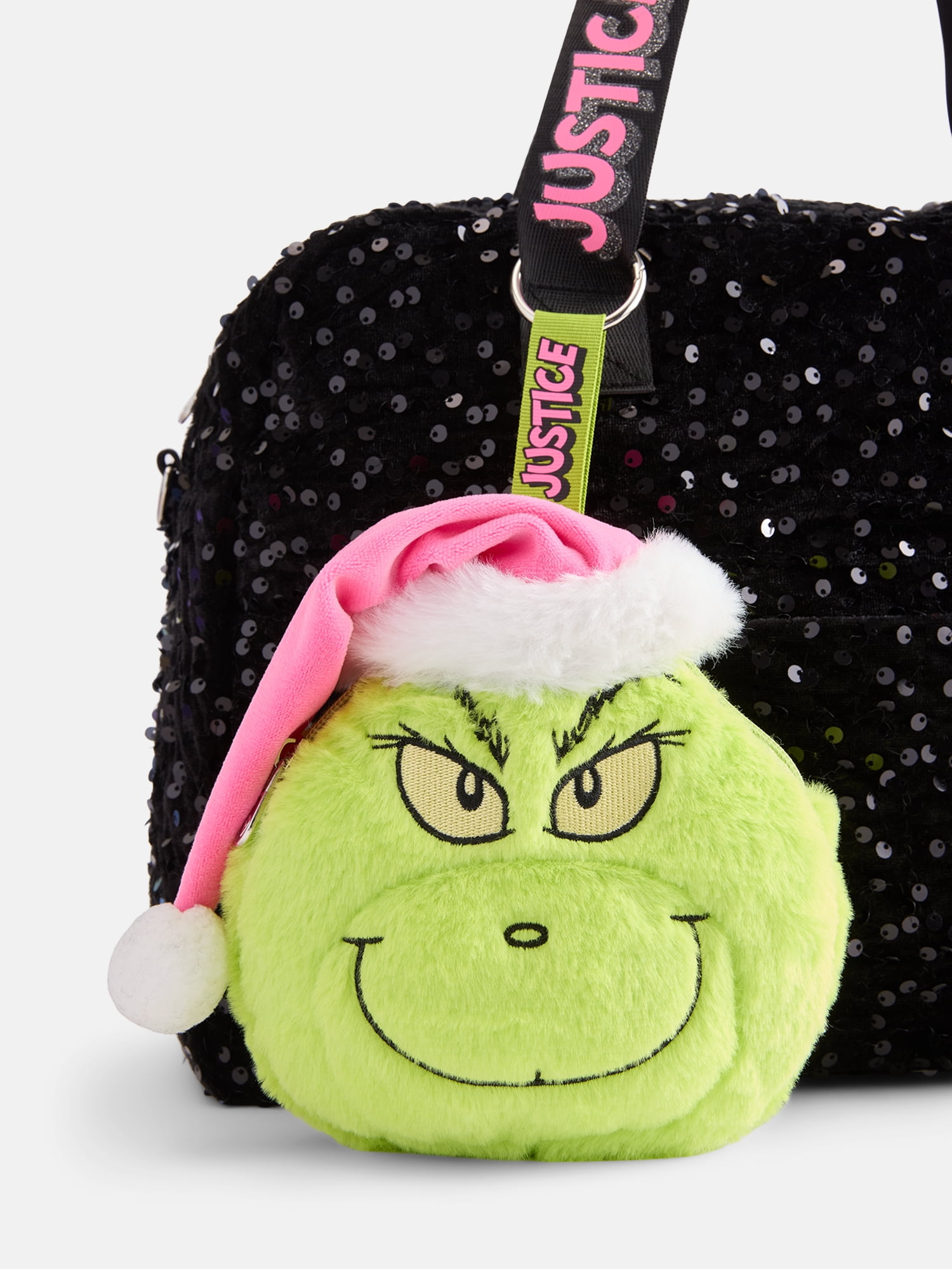 Justice Girls Grinch Sparkle Duffle with Plush Bag Charm, Black