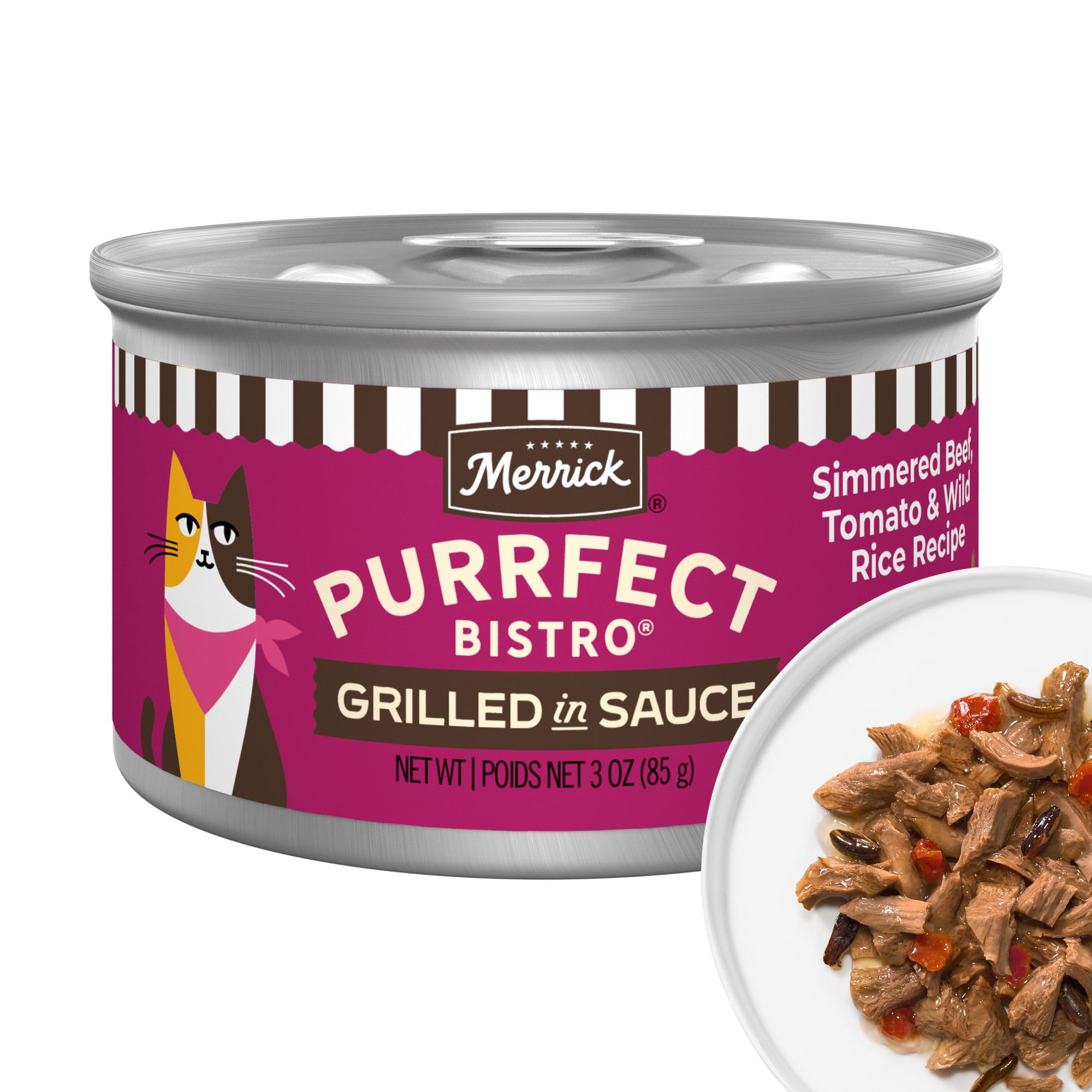 Merrick Purrfect Bistro Simmered Beef, Tomato and Wild Rice Recipe in Gravy, High Protein Natural Wet Cat Food, 3 oz., Case 24