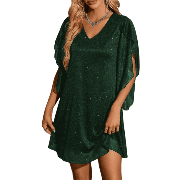 Vestido Brillante para Mujer, con Mangas Murciélago, para Cóctel y Club. Verde XL