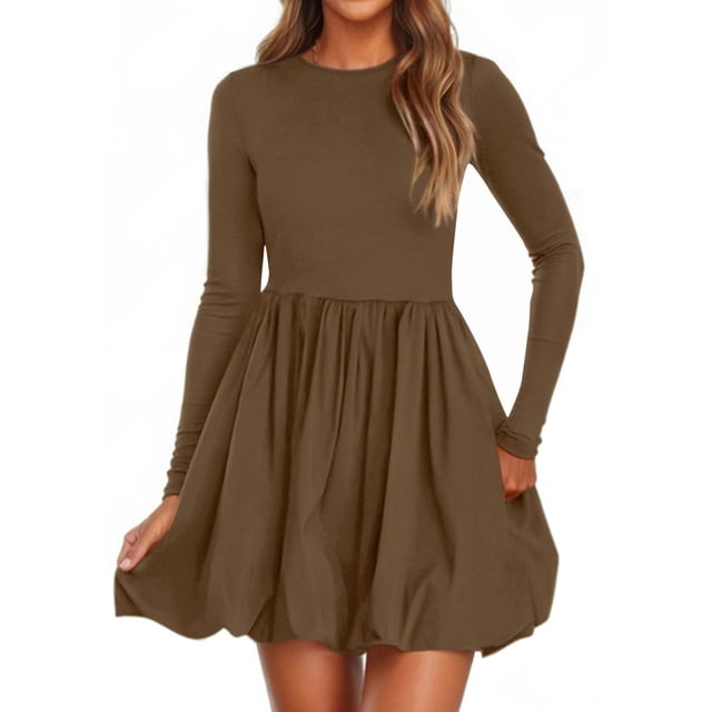Vestido PRETTYGARDEN 2025 Casual de Manga Larga Mini Marrón Talle S