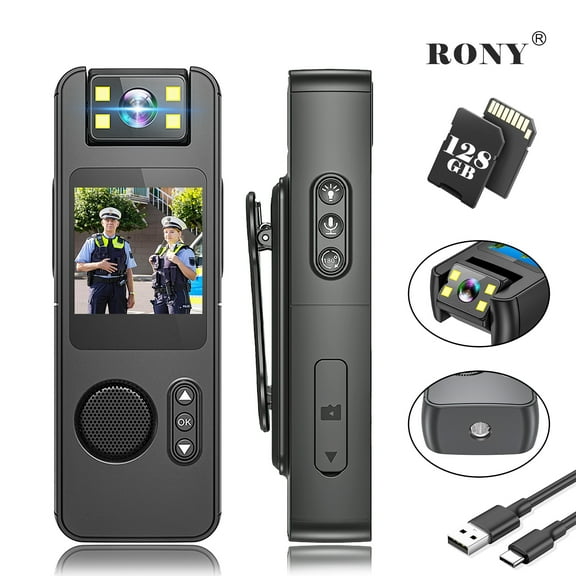 RONY 128GB 2K Wearable Body Camera with Audio and Video Recording with 180° Rotate Lens 1.54’’ Display Screen Magnetic Back Clip, Black, 1 Count