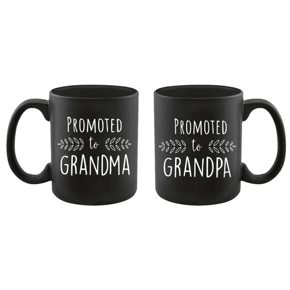 Pregnancy Announcement For Grandparents Black Coffee Mugs - Grandma To Be & Grandpa to Be 11 oz Mugs - Great Pregnancy Reveal Idea For Your Baby Announcement - Mug Set - Promoted to Grandma & Grandpa