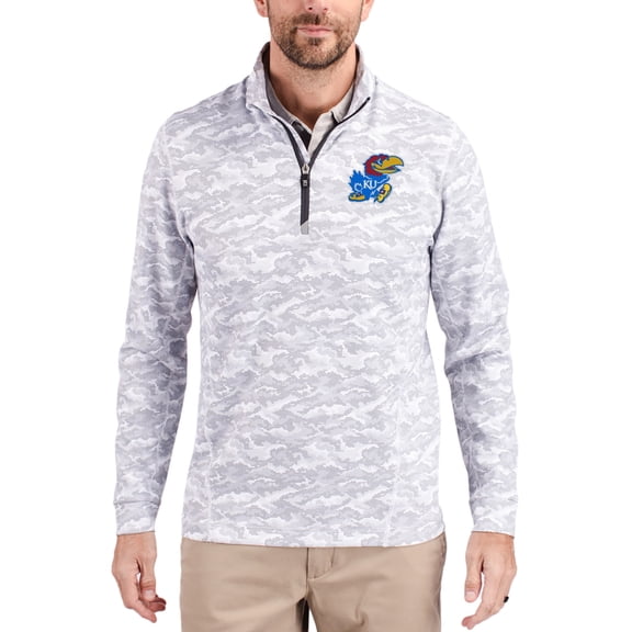 Men's-Cutter & Buck  Gray Kansas Jayhawks Traverse Stretch Eco Camo DryTec Tri-Blend Quarter-Zip Pullover