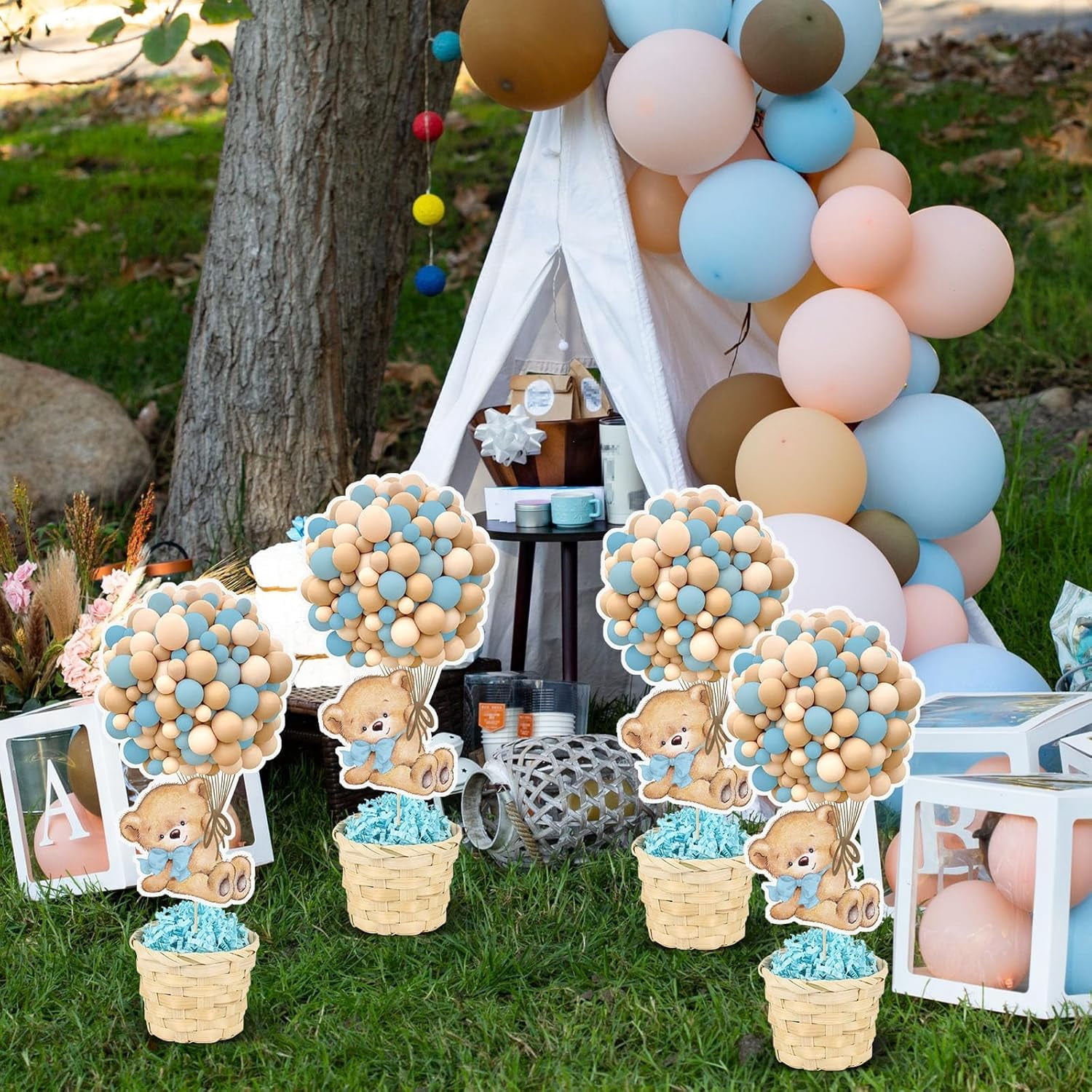 6 Set Blue Baby Shower Table Centerpieces Decortion Hot Air Balloon Cute Babys Bear with Bamboo Basket Lafite Garss Welcome Oh Baby We Can Bearly Wait Boy Or Girl Gender Reveal Party Favor