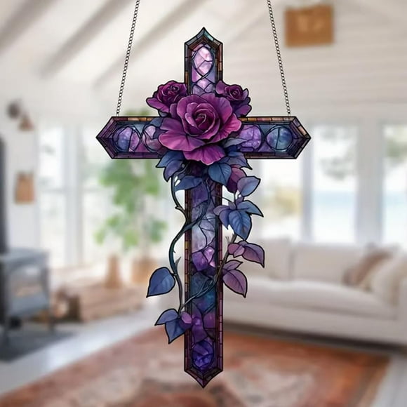 Hot Clearance! Denbek Purple Rose Cross Visor Hanging Decoration, Purple Rose Hanging Decor 2D Flat Stained Acrylic Stained Glass Hanging Decoration for Christmas Room, decorations for home