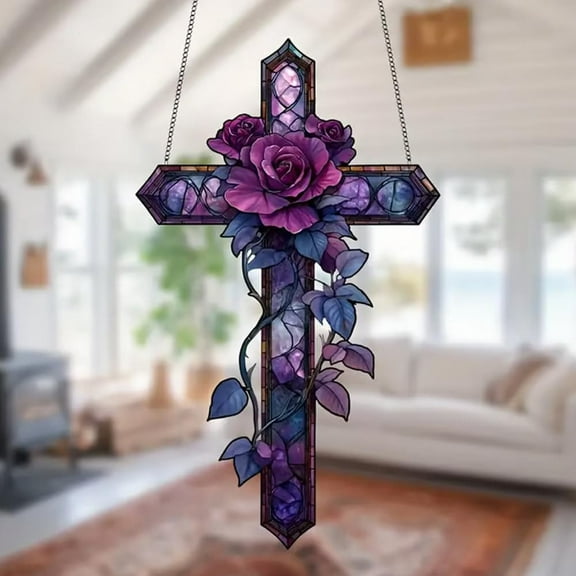 Purple Rose Cross Suncatcher Hanging Decor, 2D Flat Stained Acrylic Suncatcher, Stained Glass Hanging Decoration for Christmas, Room Aesthetic, Outdoor Garden, Yard, and Balcony Decor