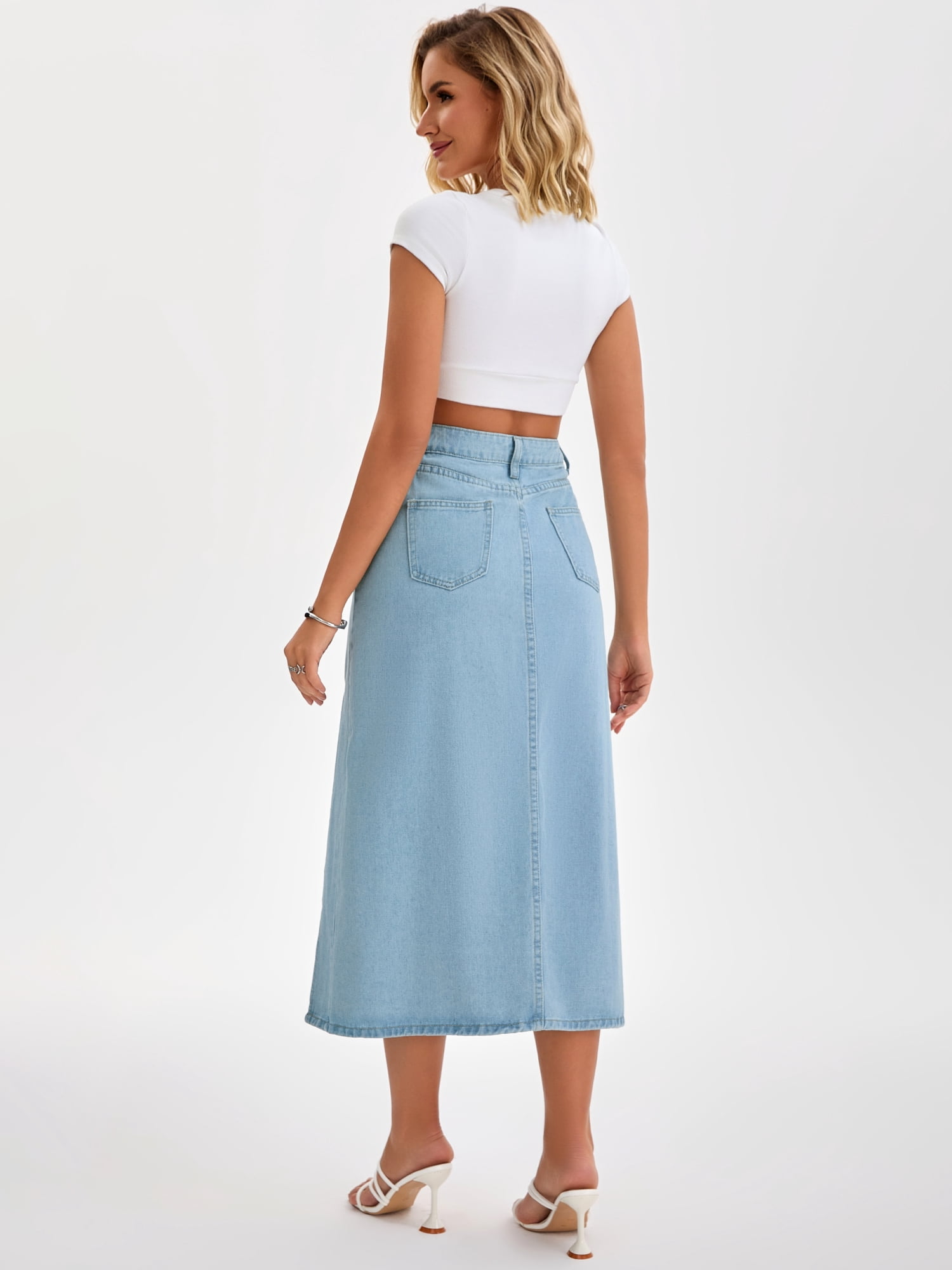 DARING DIVA Women's Long Denim Spring Slit Midi Jean Skirts Large Light Blue