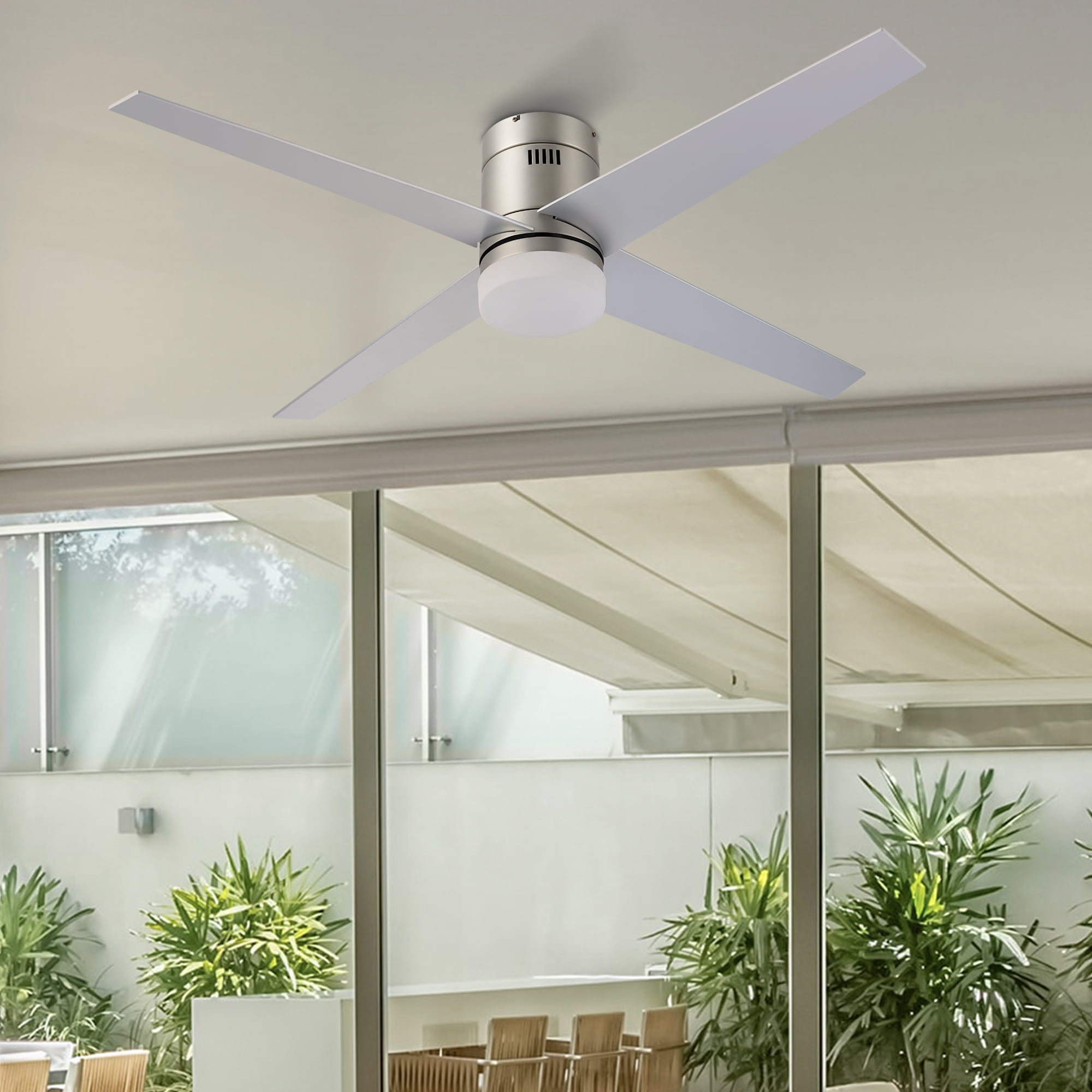 Ceiling Fan Low Profile Brushed Nickel 52 in Flush Mount LED Large Room Decor 