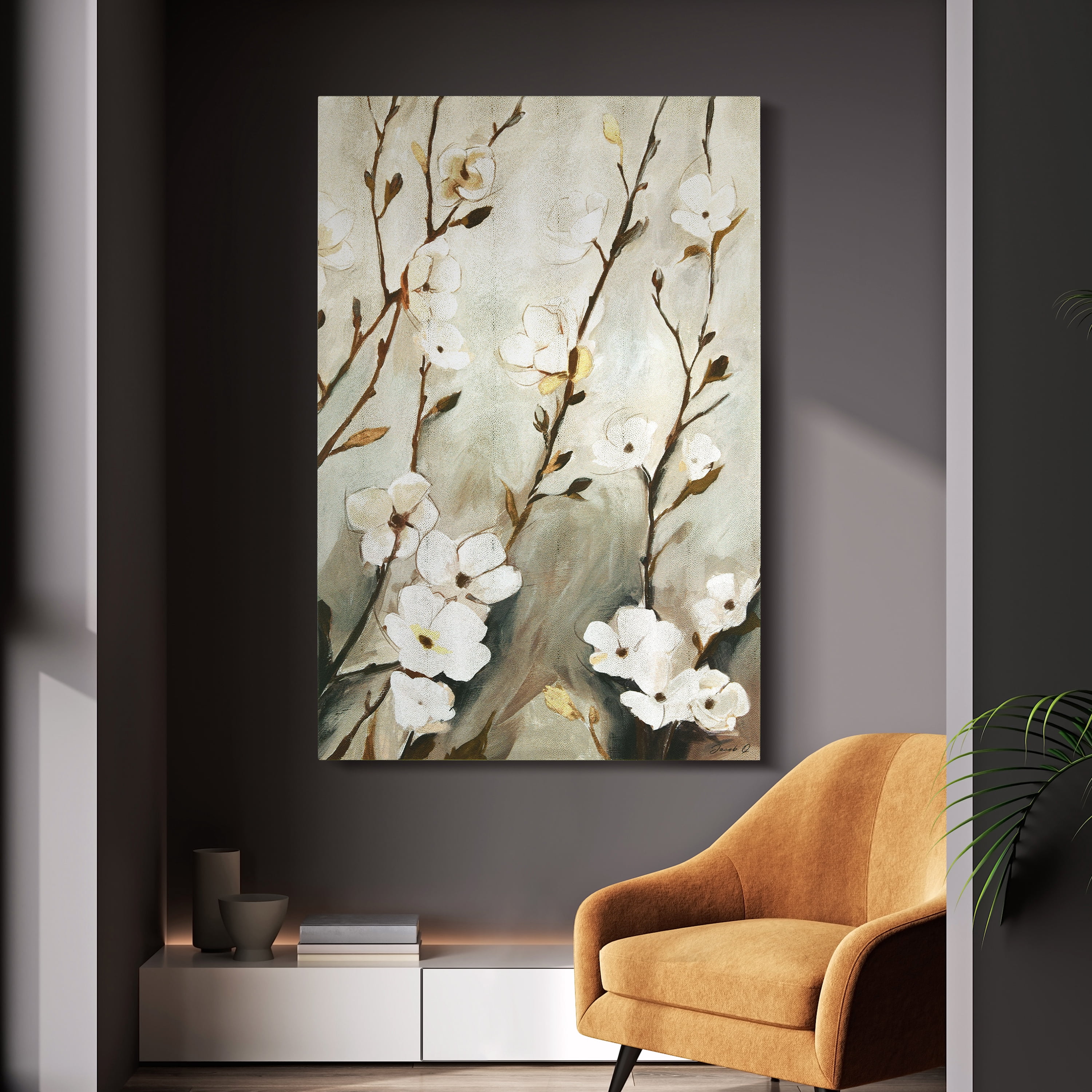 "Blossoming Tranquility" Floral Rendered on Gold Shagreen Wrapped Canvas Wall Art, sized 60"x40"