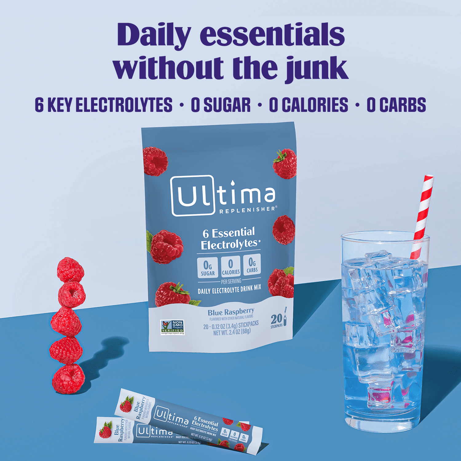 Ultima Replenisher Hydration Electrolyte Drink Mix Powder Packets, Sugar-Free Blue Raspberry, 20 Ct
