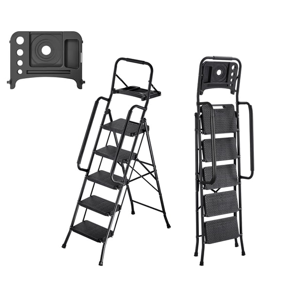 KFFKFF 5 Step Ladder, Folding Step Stool with Wide Anti-Slip Pedal, Tool Tray, Dual Side Handrails, 600 lbs Capacity Portable Steel Ladder, Multi-Use for Kitchen, Black