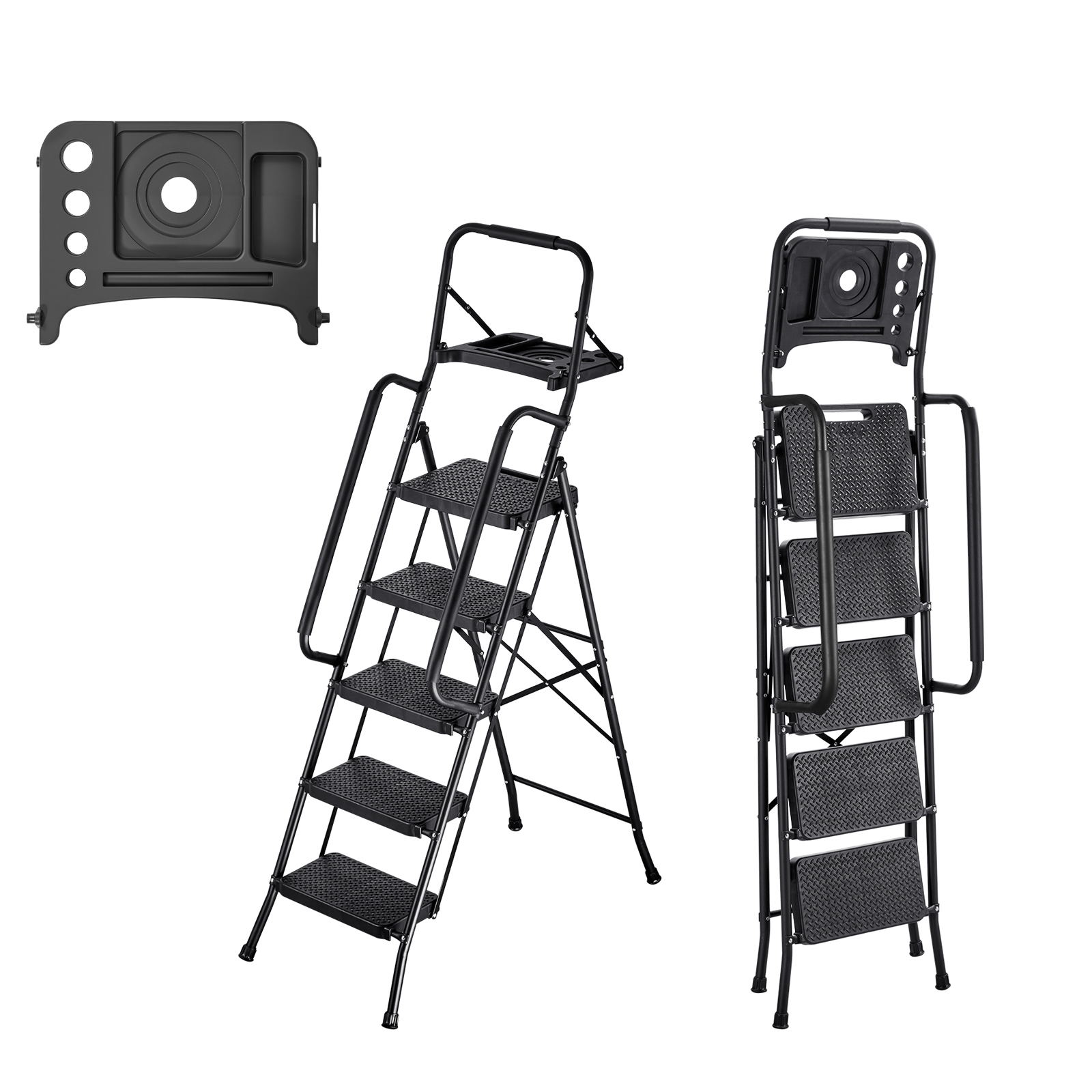 Kffkff 5-Step Folding Ladder with Handrails Black photo 1