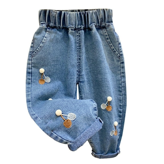 Mercatoo Toddler Heart Embroidery Jeans Straight Baggy Harem Washed Denim Pants Kids Baby Elastic Waist Pull on Jeans Trousers