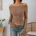 thumbnail image 2 of Kureaily Women Long Sleeve Shirts Fall Ruched Sides Boat Neck Basic Tee Casual Fitted Ribbed Knit Crop Tops Basic Summer Tees, 2 of 5