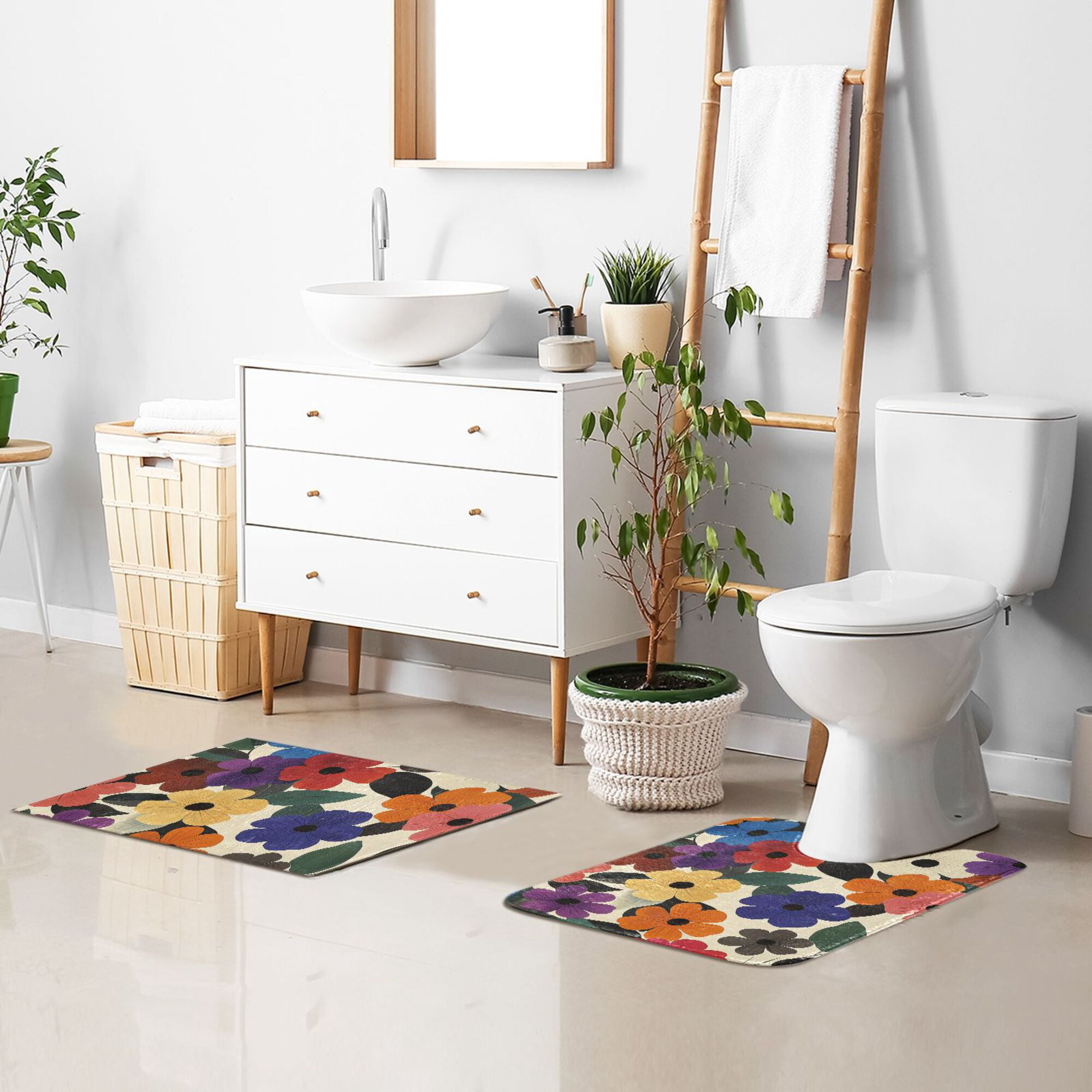 Yayeee Bath Rugs for Bathroom Floor Non Slip Non Skid Set of 2 Soft Absorbent Large Colorful Flowers Pattern Machine Washable Mat