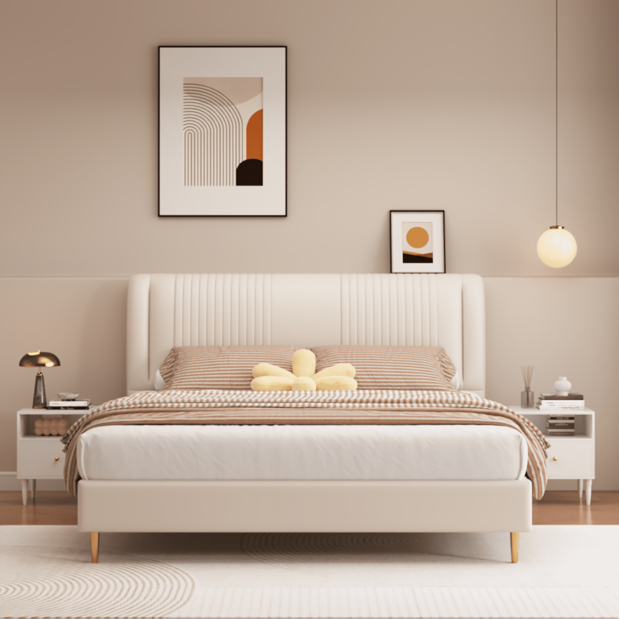 Modern White Nightstand with Drawer and Open Shelf, Bedside Table with Gold Knob, Solid Wood Legs, Small End Table for Bedroom, Living Room