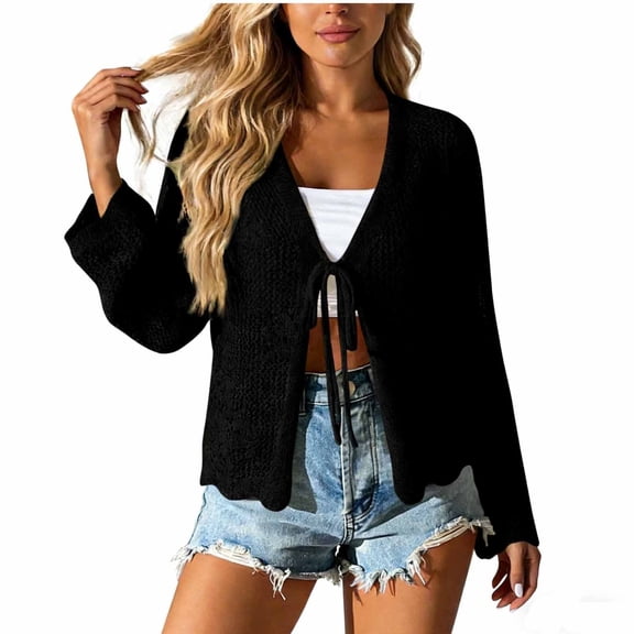 WMTBSRSW Womens Crochet Cardigans Duster Lace Up Long Sleeve Open Front Shrugs for Dresses Summer Boho Beach Cover Ups Black X-Large
