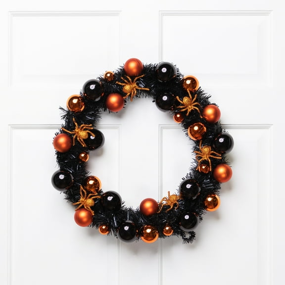 Northlight Spiders and Ornaments Small Tinsel Halloween Wreath - 18" - Orange and Black - Unlit