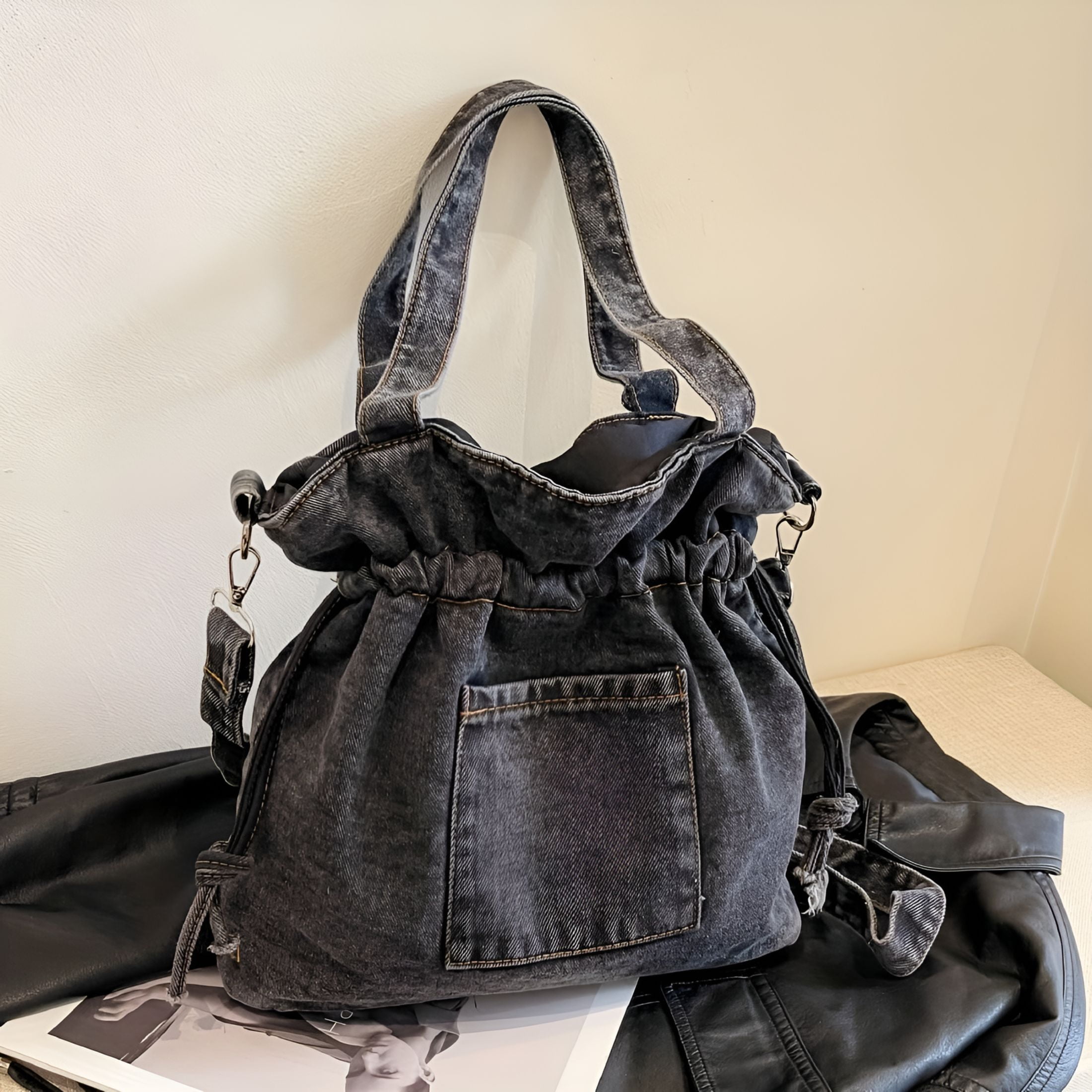 GASTROPOD Denim Tote Bag Vintage Bucket Shoulder Bag Drawstring Crossbody Bag For Women