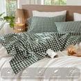thumbnail image 4 of MooMee Gingham Sheet Set 100% Washed Cotton Linen Like Textured Extra Deep Pocket Breathable Lightweight 4-Piece (Forest Green, Queen), 4 of 7
