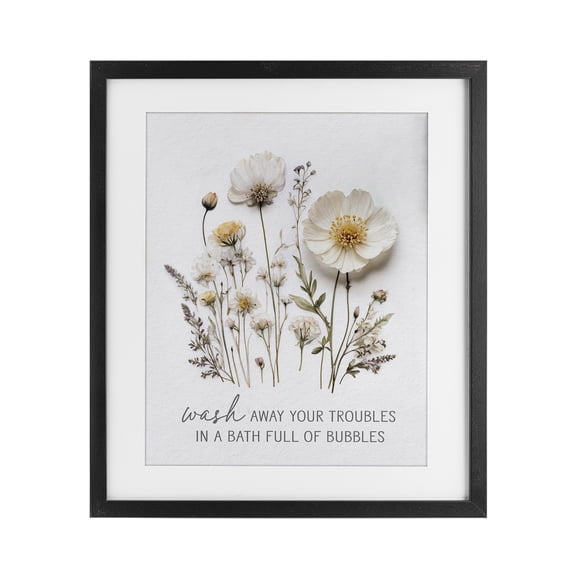 Pressed Flowers Wash Away Troubles Black Framed Print Under Glass, design by Lettered and Lined