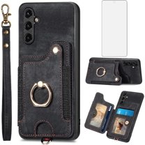 Phone Case for Samsung Galaxy A54 5G Wallet Cover with Tempered Glass Screen Protector and Wrist Strap Lanyard RFID Credit Card Holder Ring Stand Cell Accessories A 54 54A SM A546U 2023 Women Black
