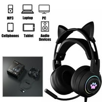 HQinX Gaming Headset with Cat Ears, 3.5mm Headphones with Surround Sound, RGB Backlight & Microphone,for PS4, Xbox, PC, Mobile Phone,Black